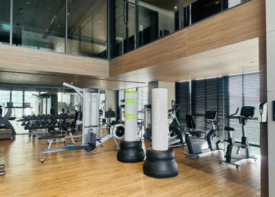 modern gym with fitness equipment and large windows