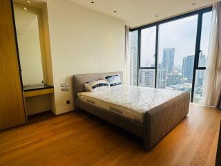 Modern bedroom with large window and city view