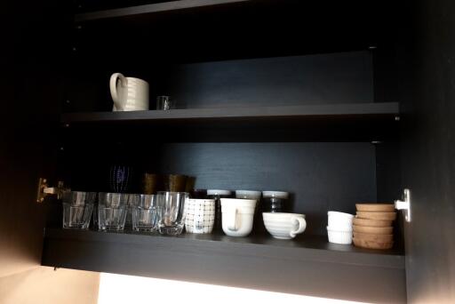 Kitchen cabinet with dishes and mugs