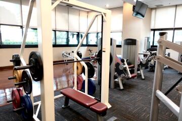 Well-equipped gym with various exercise machines and weights