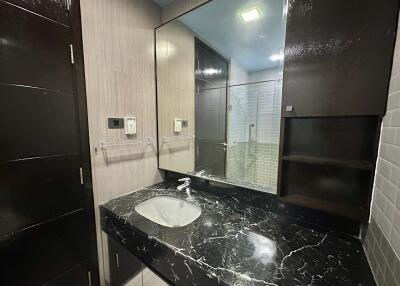 Modern bathroom with black marble countertop