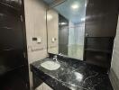 Modern bathroom with black marble countertop