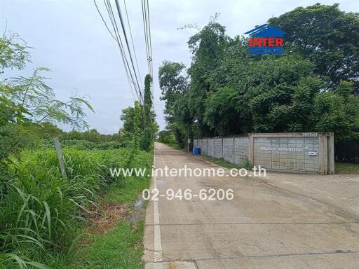 Entrance road to the property with green surroundings and a gate