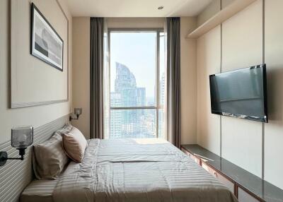 Modern bedroom with a city view