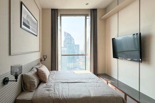 Modern bedroom with a city view