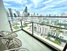 A balcony with a view of a city skyline