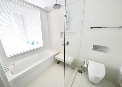 Modern bathroom with bathtub and walk-in shower