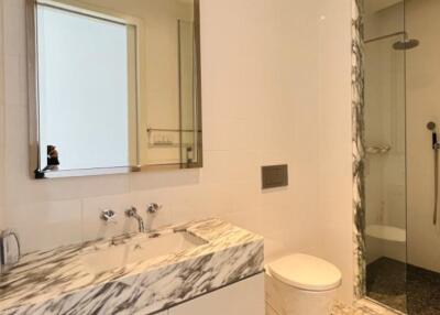 Modern bathroom with marble vanity and walk-in shower