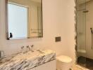 Modern bathroom with marble vanity and walk-in shower