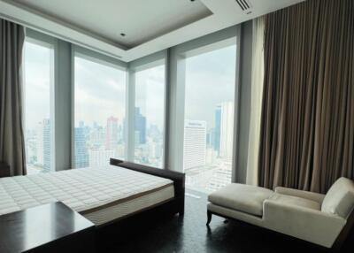 Modern bedroom with large windows and city view