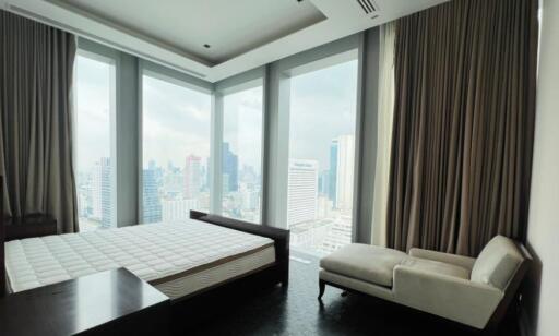 Modern bedroom with large windows and city view