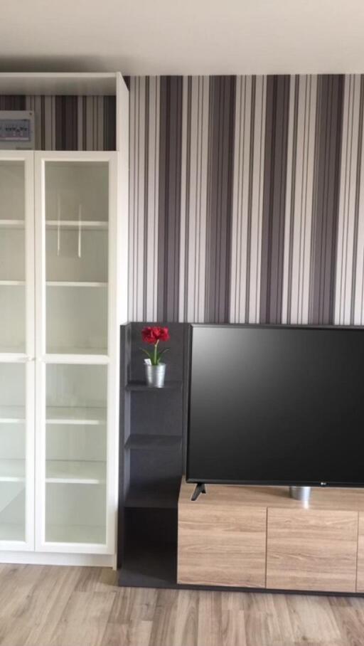 Modern living room with a television and a decorative cabinet