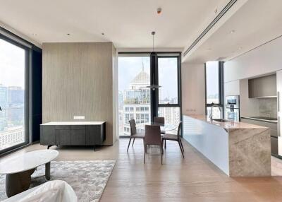 Modern open-plan living area with city view