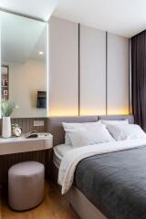 Modern bedroom with soft lighting and minimalist decor