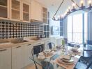 Modern kitchen with dining area and large window