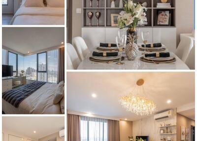 collage of modern apartment interiors including bedrooms, dining area, and living room