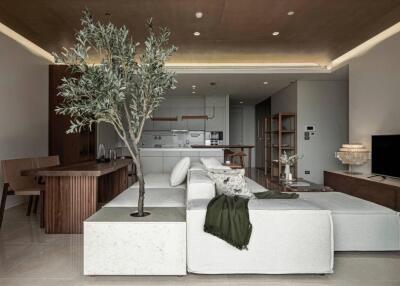 Modern living room with kitchen and dining area