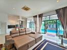 Modern living room overlooking a pool