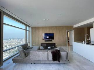 Modern living room with panoramic city view