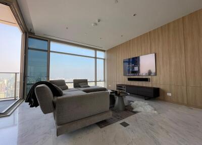 Modern living room with city view and balcony