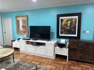 Living room with TV, paintings, and various storage units