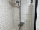 shower area with white tiled walls