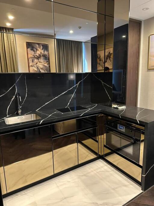 Modern kitchen with black marble countertops and sleek cabinetry