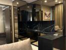 Modern and stylish living area with mirrored walls and plush seating