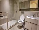 Modern bathroom with glass shower and vanity.