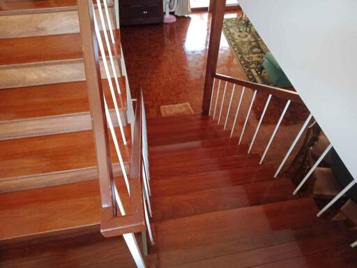 Wooden staircase with white railings