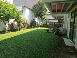 Beautiful well-maintained garden with lush green lawn