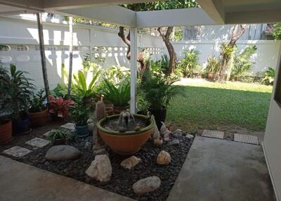 Backyard with garden and rock feature