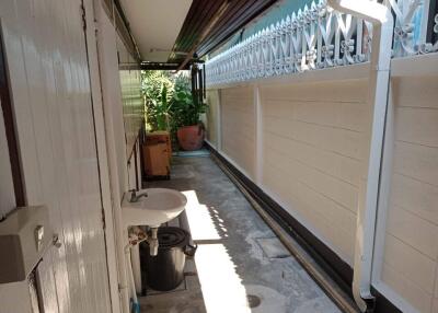 narrow outdoor passage with sink and potted plants