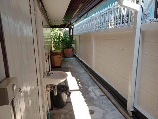 narrow outdoor passage with sink and potted plants