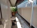 narrow outdoor passage with sink and potted plants