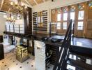 Two-level loft with wooden staircase and decorative glass windows