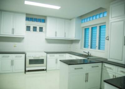 Modern kitchen with white cabinets and black countertops