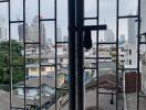 View of city skyline and neighboring buildings from a balcony with safety bars