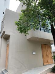 Exterior view of a modern house with large windows and wooden doors