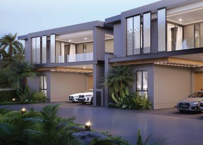 Modern two-story residential building with garages and luxury cars