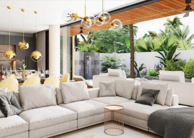 Modern living area with open-plan dining and view of outdoor space