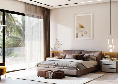 Modern and spacious bedroom with large windows and natural light