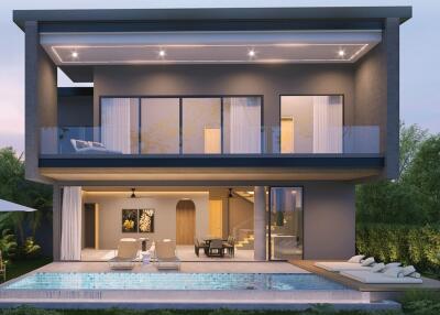 Modern two-story house with pool and outdoor seating