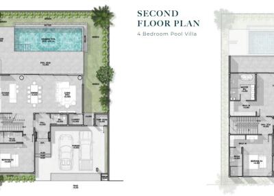 Floor plans of a 4-bedroom pool villa showing the ground and second floors