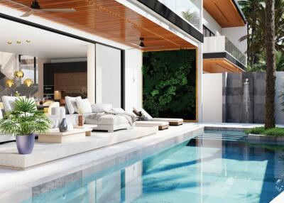 Modern outdoor living area with pool