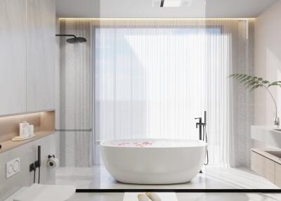 Modern bathroom with bathtub and large window