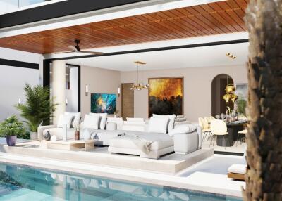 Modern open concept living area with pool