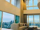 Spacious modern living room with large windows and city view