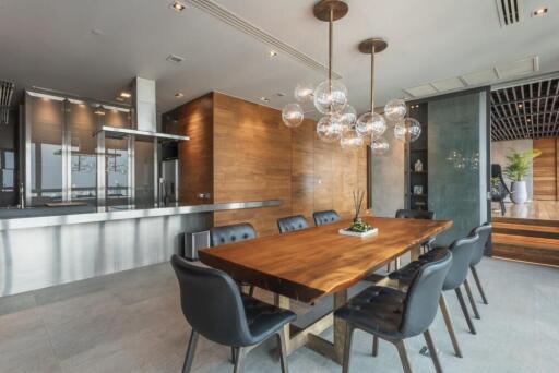 Modern dining room with wooden table and stylish lighting