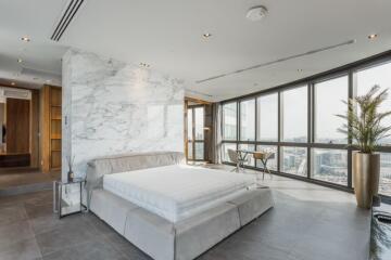 Spacious modern bedroom with large windows and a view